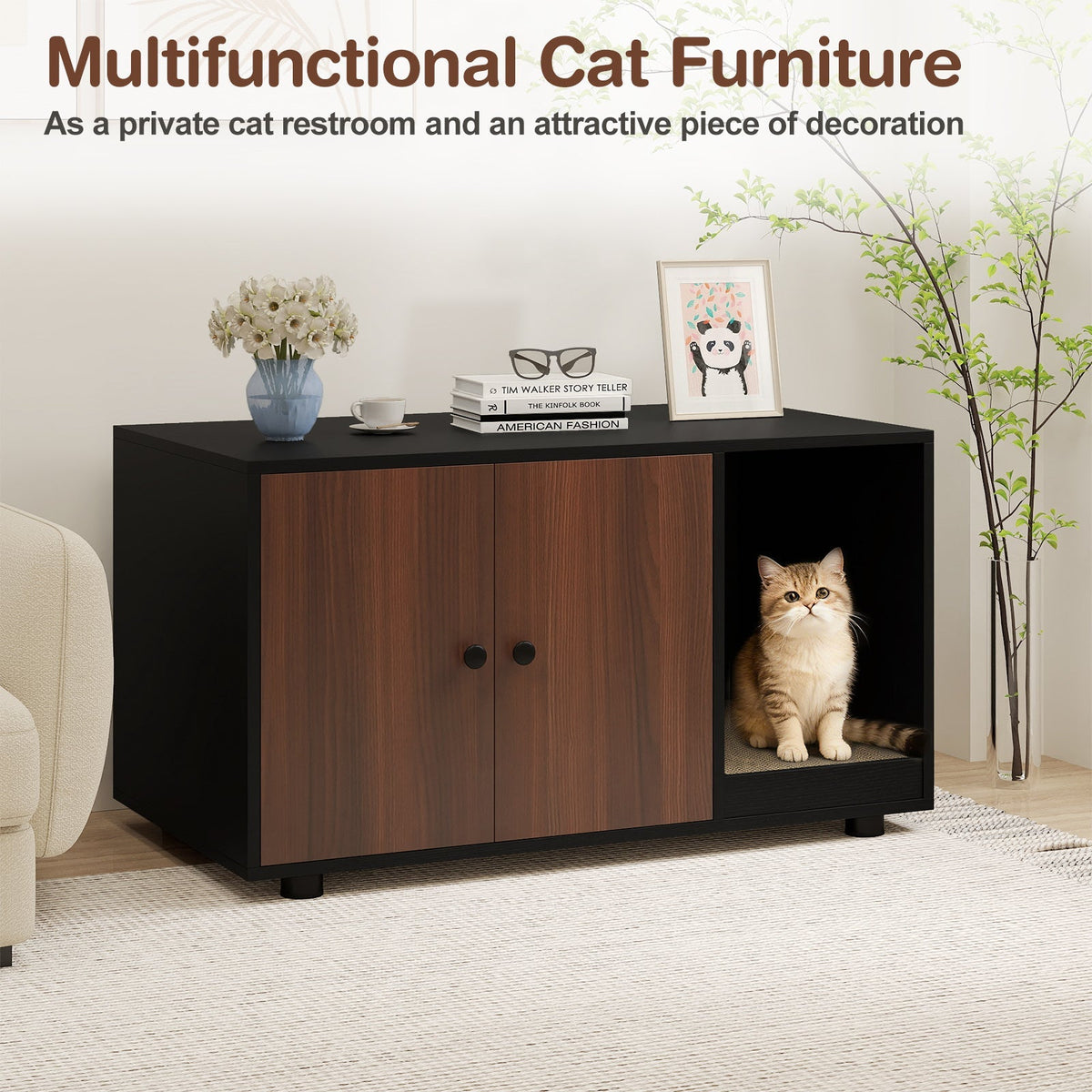 Wooden Cat Litter Box Enclosure Hidden Litter Box Furniture with Scratching Board 13