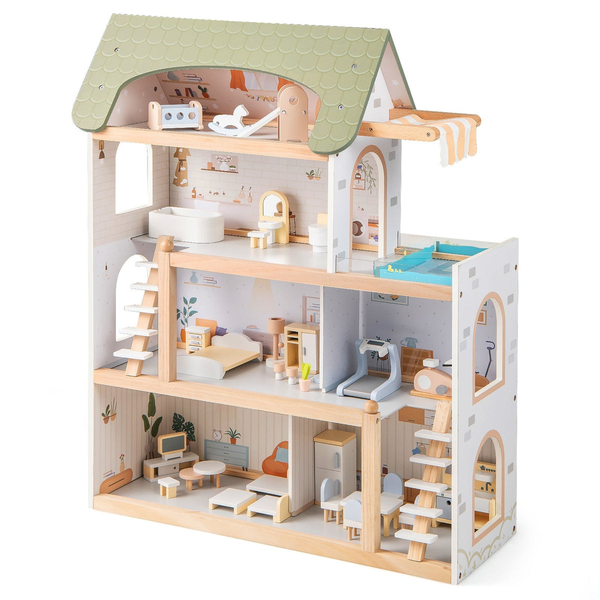 Wooden Dollhouse Kids DIY Pretend Playhouse with 33 PCS Furniture Accessories-Green 3
