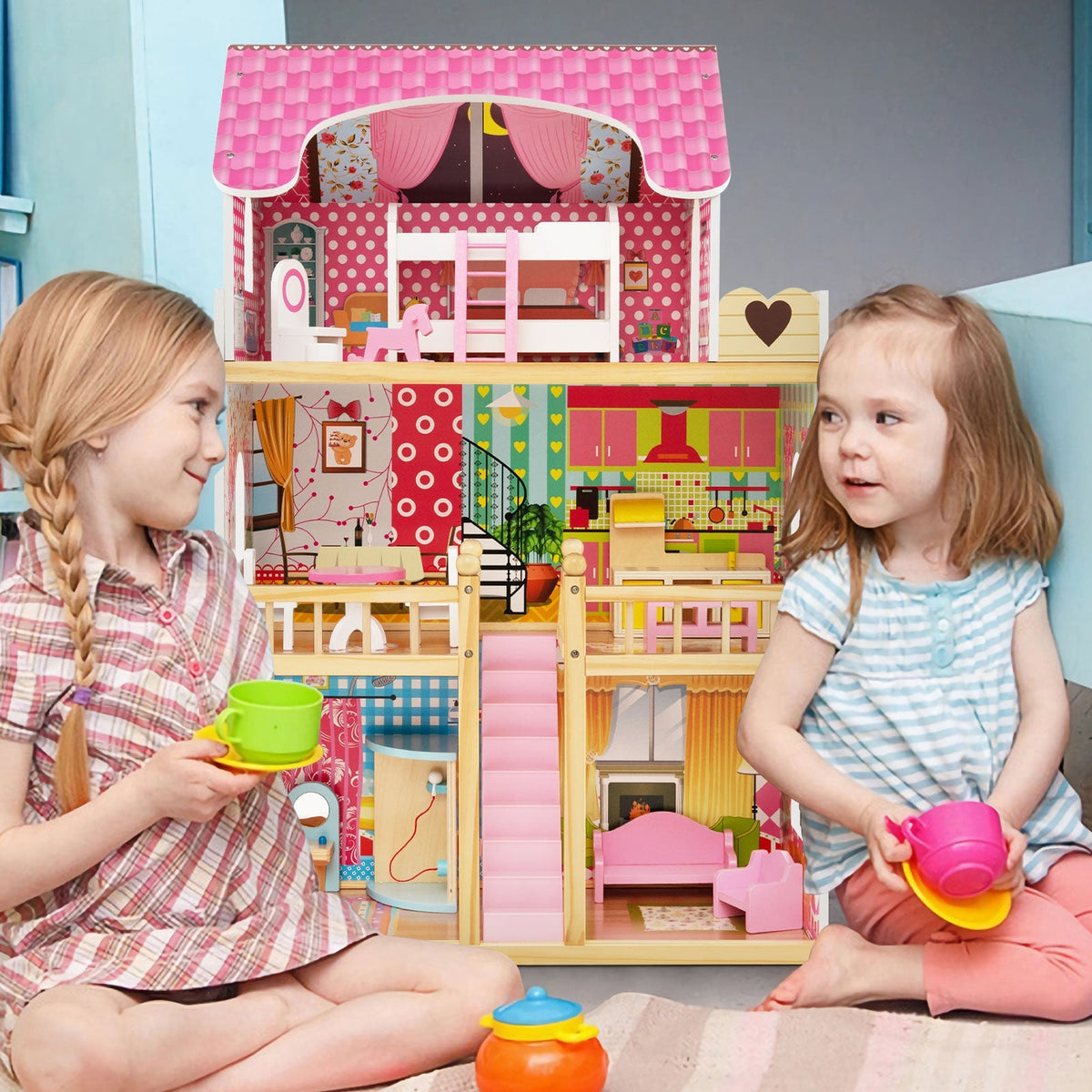 Doll House Playset with 3 Stories and 6 Simulated Rooms and 15 Pieces of Furniture-Pink 1