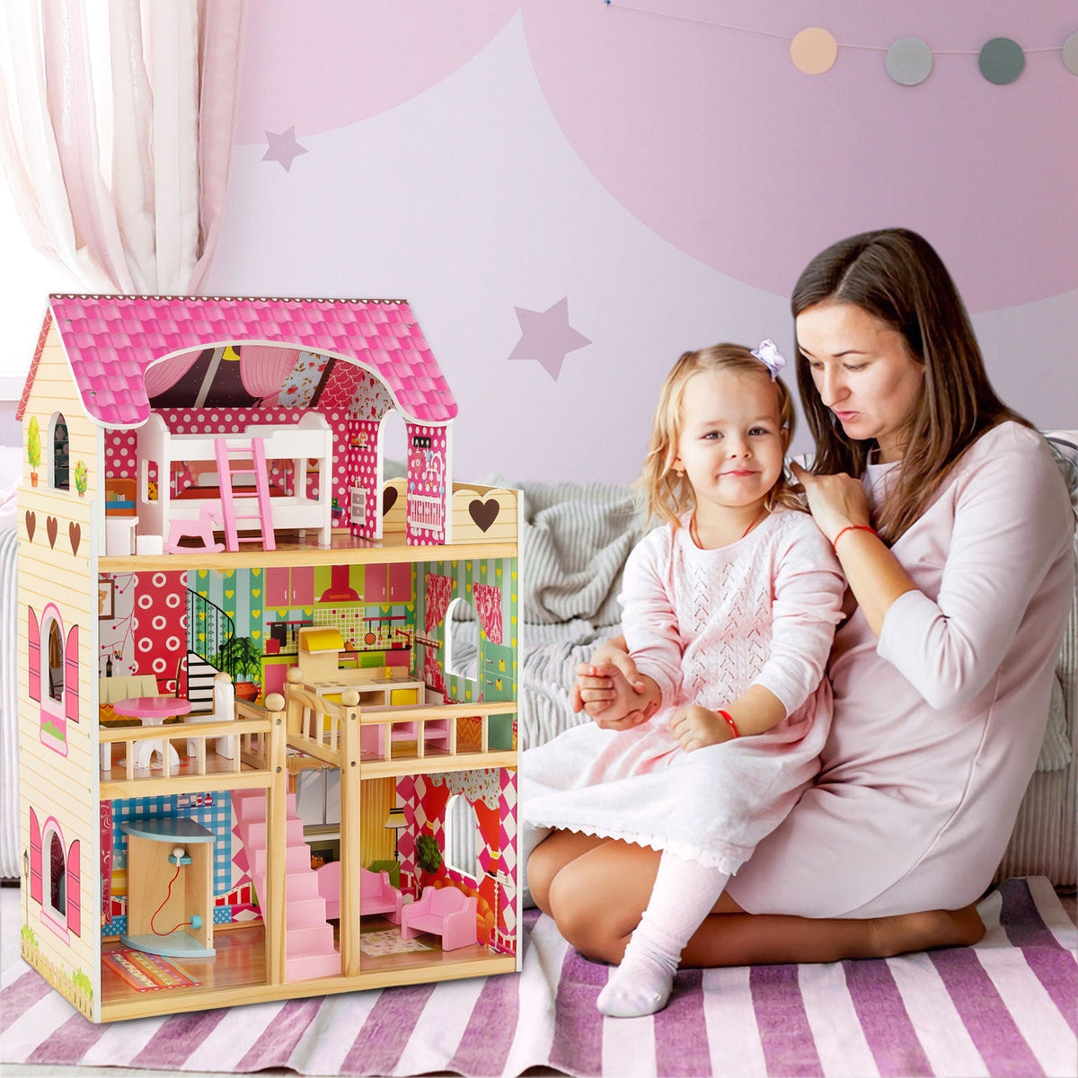 Doll House Playset with 3 Stories and 6 Simulated Rooms and 15 Pieces of Furniture-Pink 2