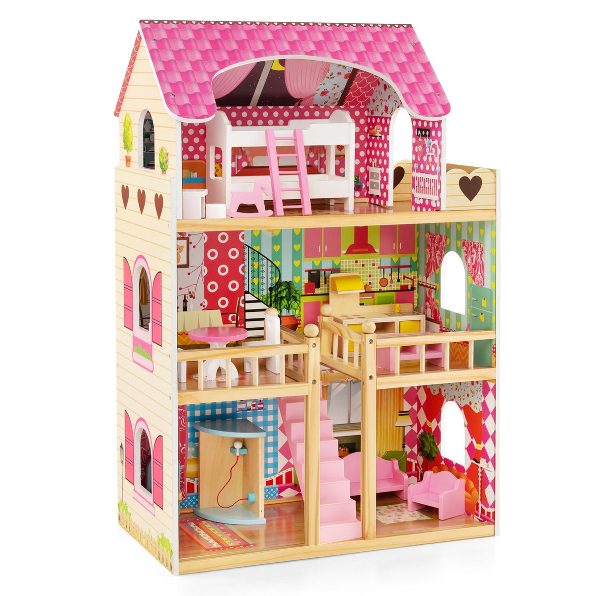 Doll House Playset with 3 Stories and 6 Simulated Rooms and 15 Pieces of Furniture-Pink 3