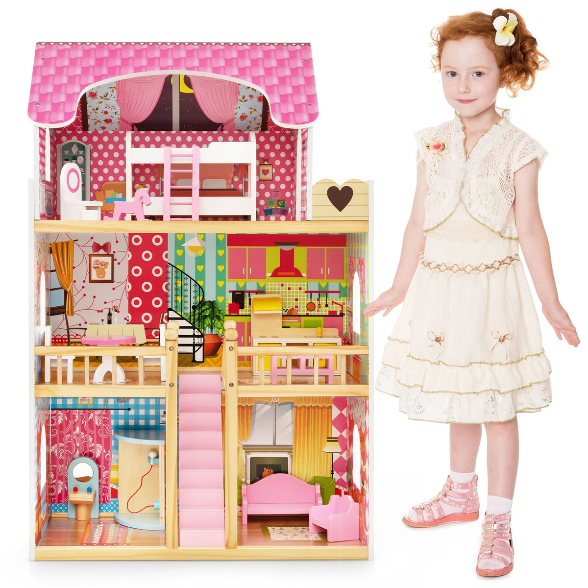 Doll House Playset with 3 Stories and 6 Simulated Rooms and 15 Pieces of Furniture-Pink 4