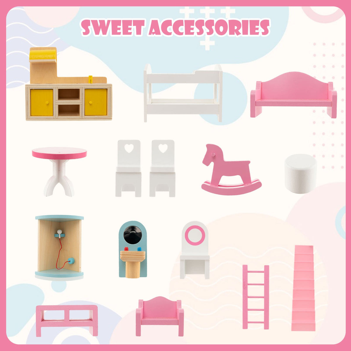 Doll House Playset with 3 Stories and 6 Simulated Rooms and 15 Pieces of Furniture-Pink 6