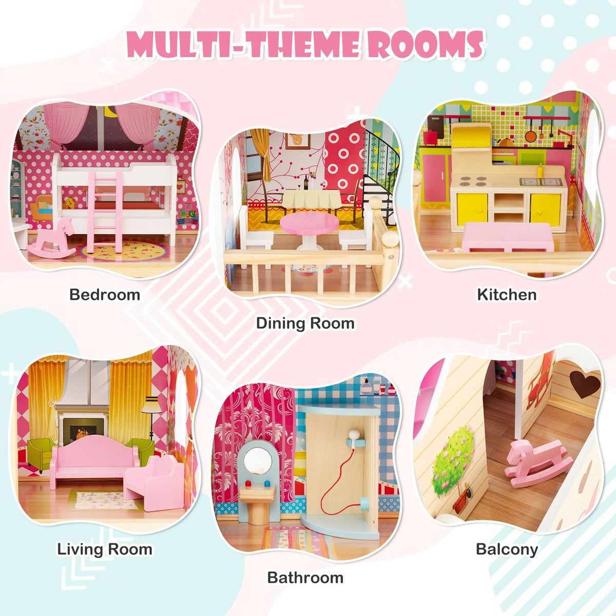 Doll House Playset with 3 Stories and 6 Simulated Rooms and 15 Pieces of Furniture-Pink 7