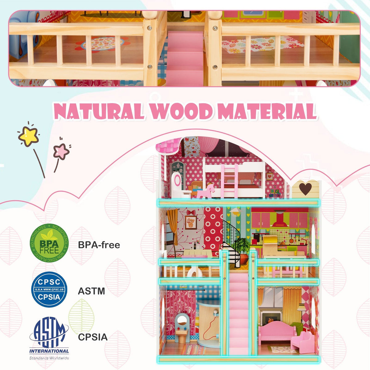 Doll House Playset with 3 Stories and 6 Simulated Rooms and 15 Pieces of Furniture-Pink 8