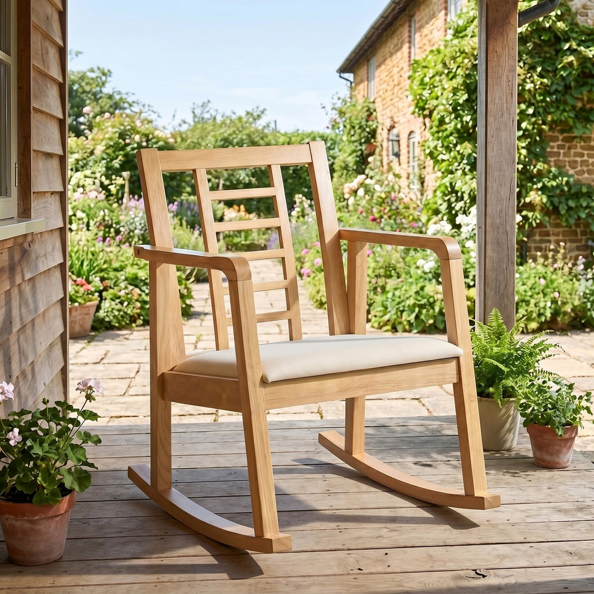 Wooden Rocking Chair with Upholstered Seat and Ladder Back 9
