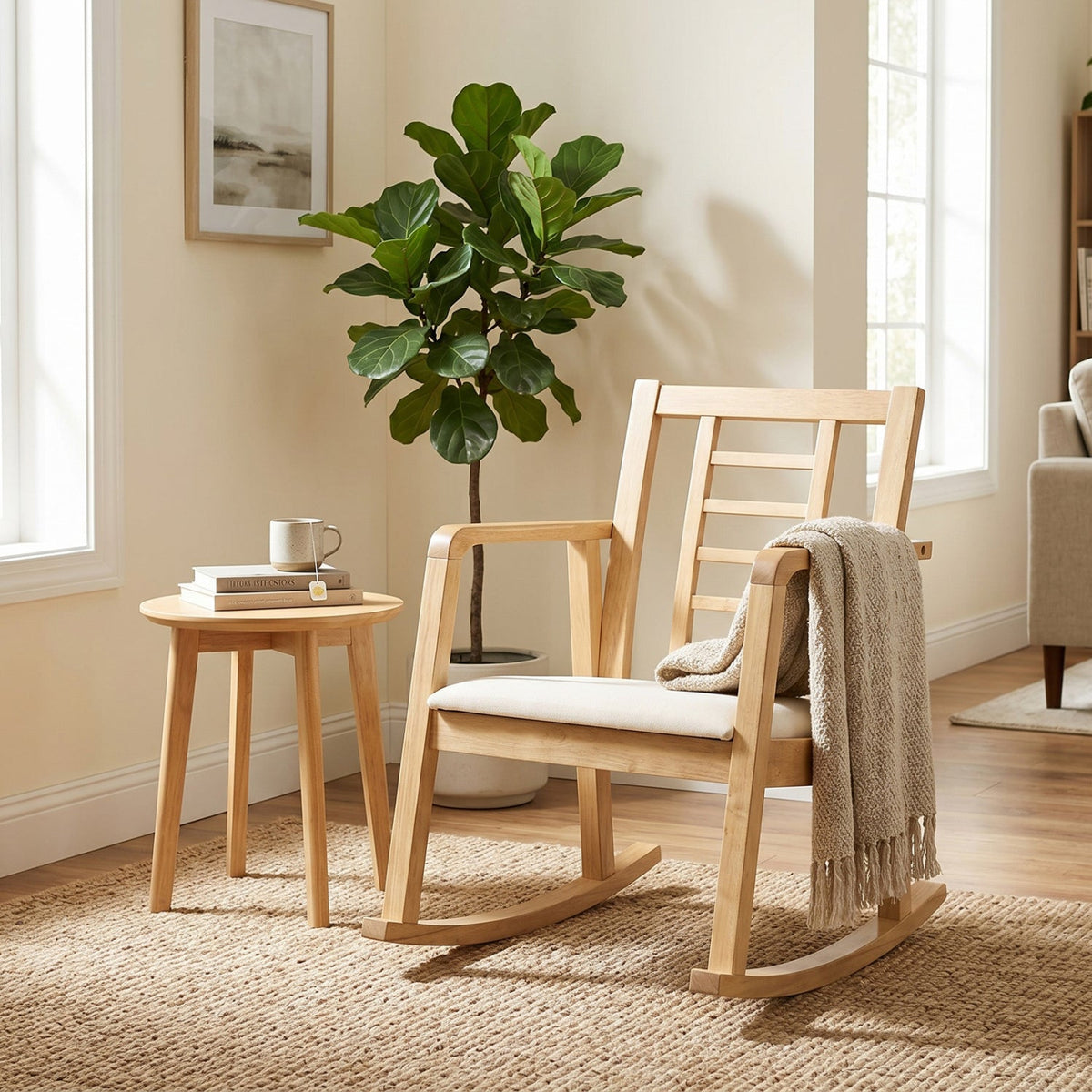 Wooden Rocking Chair with Upholstered Seat and Ladder Back 10