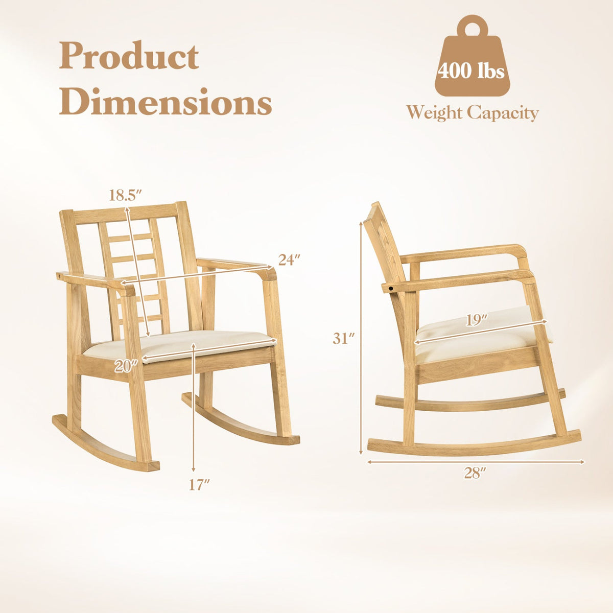 Wooden Rocking Chair with Upholstered Seat and Ladder Back 12