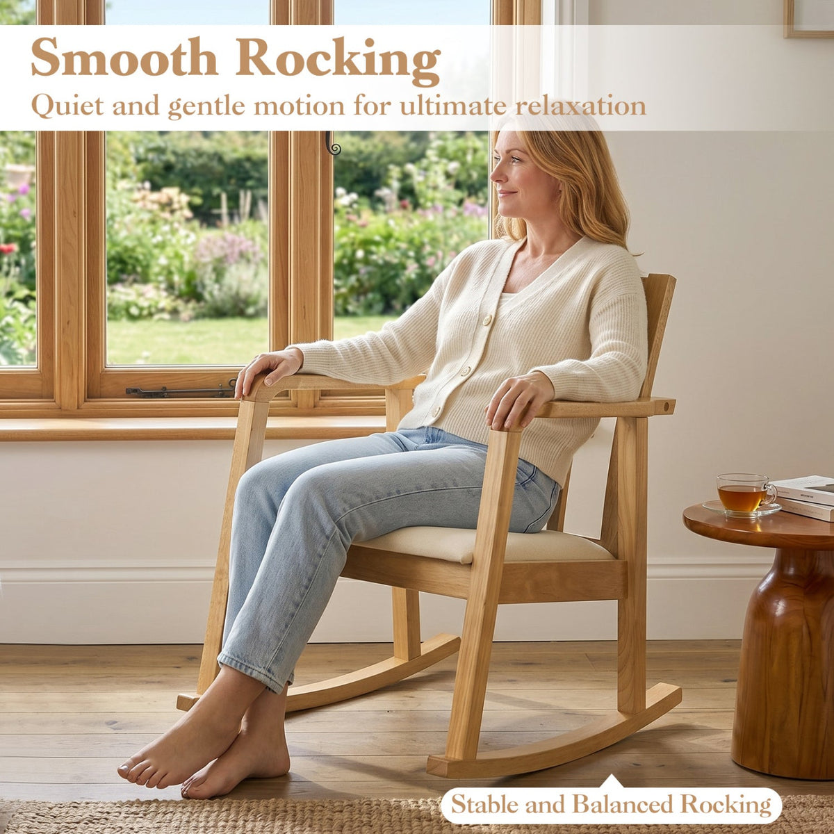 Wooden Rocking Chair with Upholstered Seat and Ladder Back 13