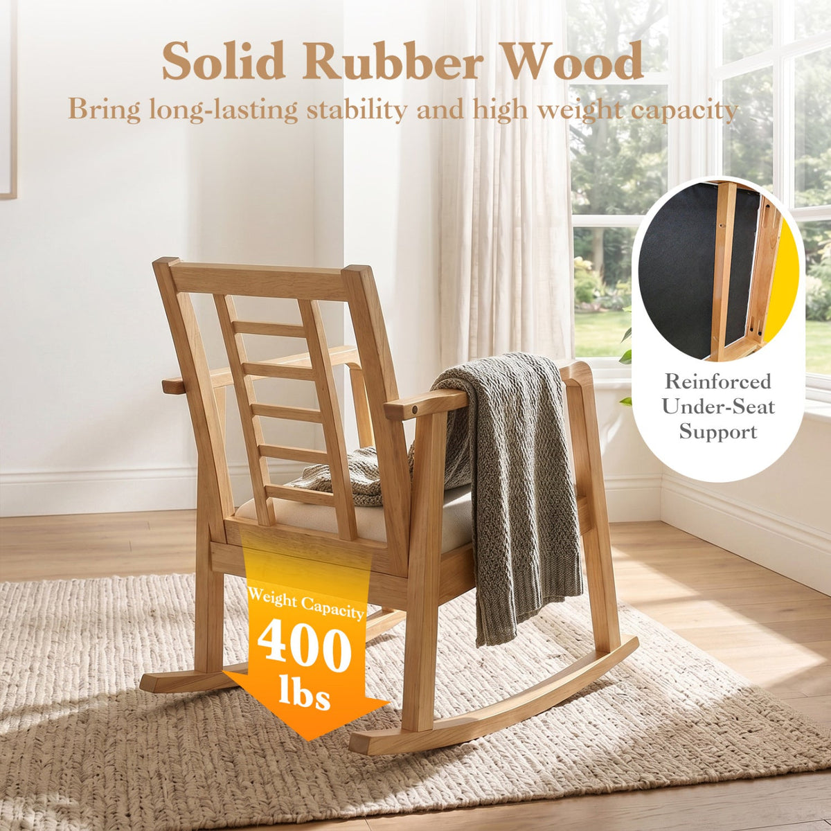 Wooden Rocking Chair with Upholstered Seat and Ladder Back 14