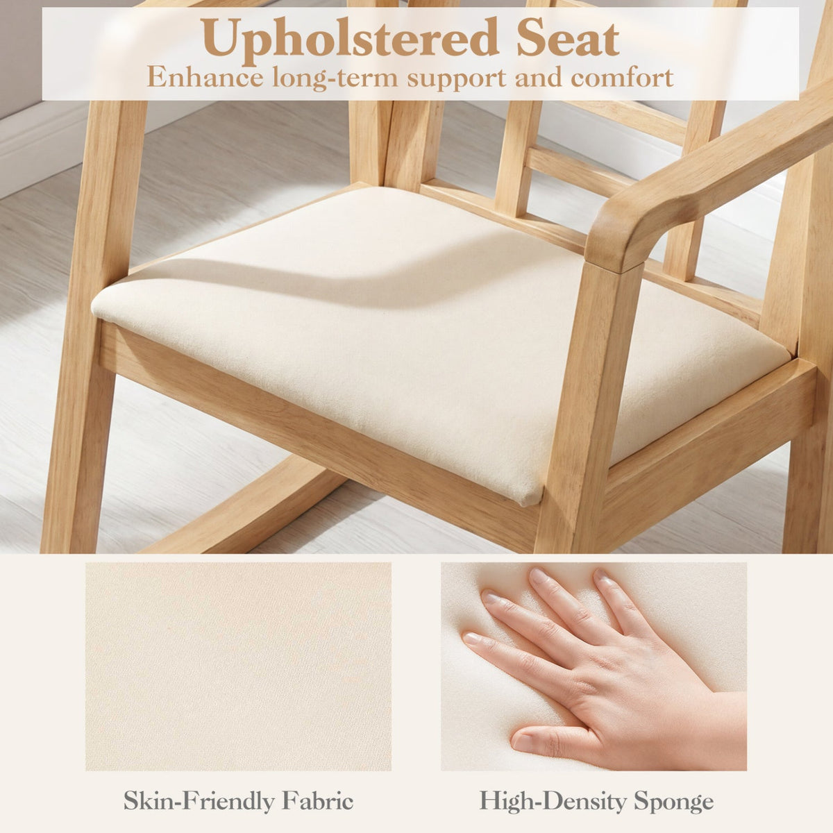 Wooden Rocking Chair with Upholstered Seat and Ladder Back 16