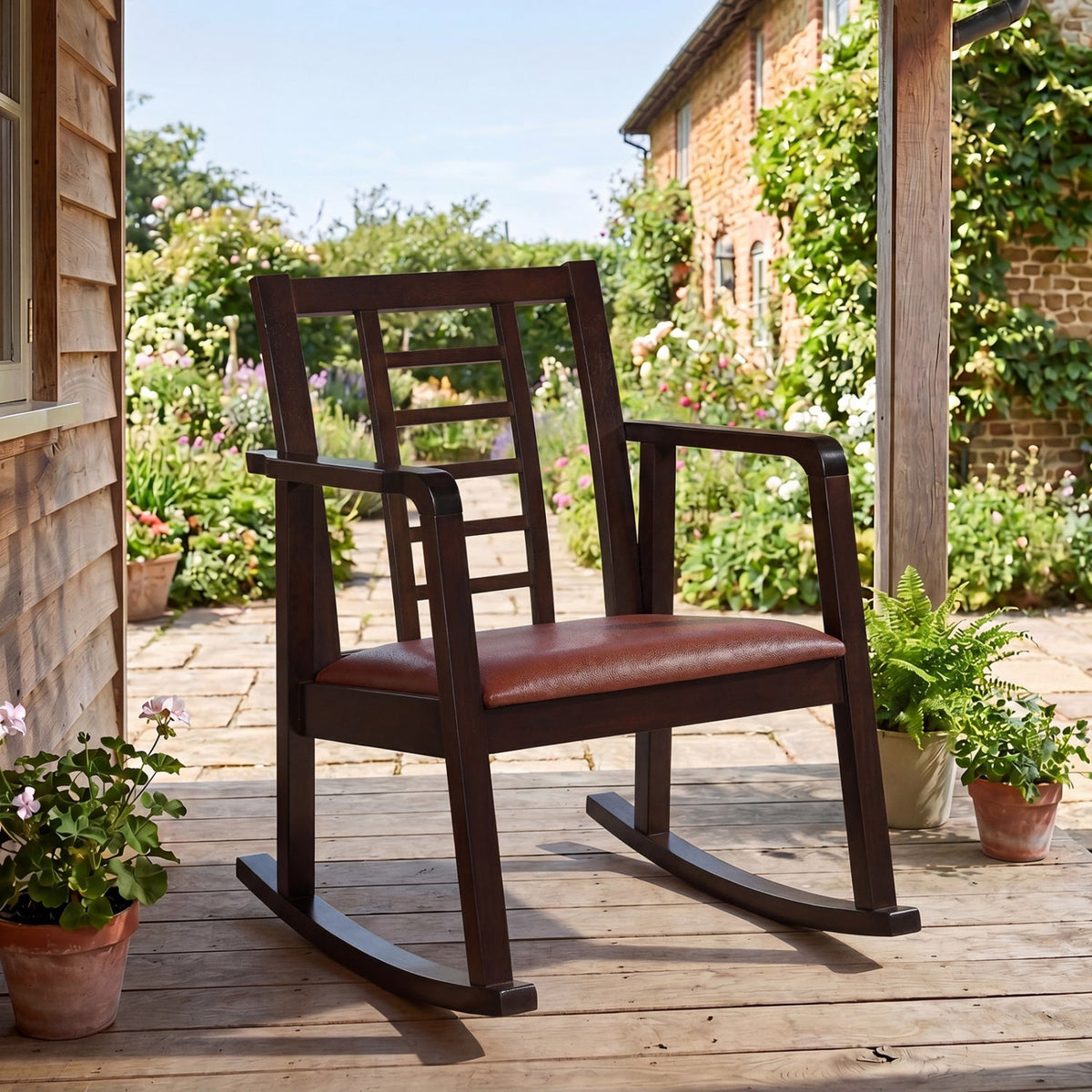 Wooden Rocking Chair with Upholstered Seat and Ladder Back 1