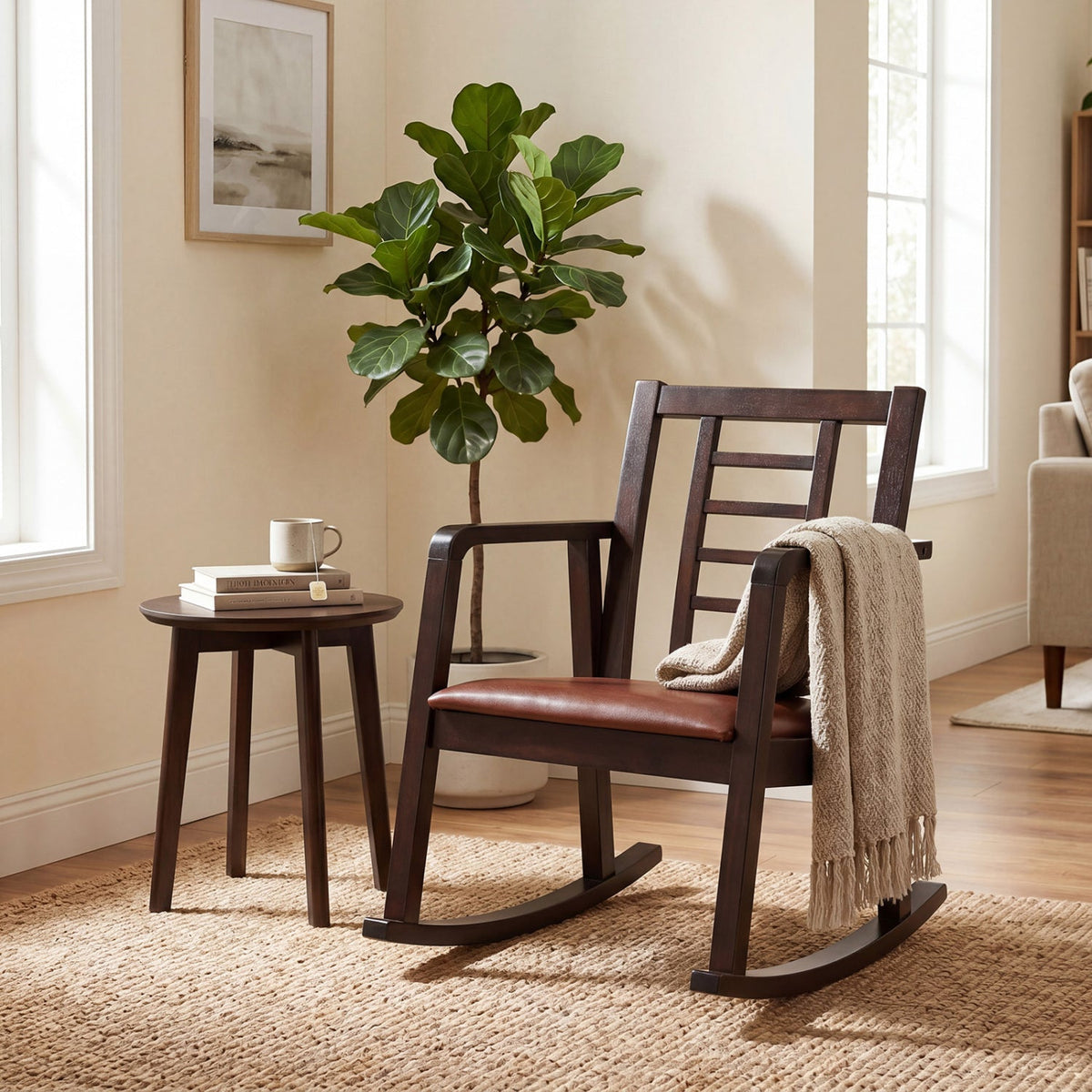 Wooden Rocking Chair with Upholstered Seat and Ladder Back 2