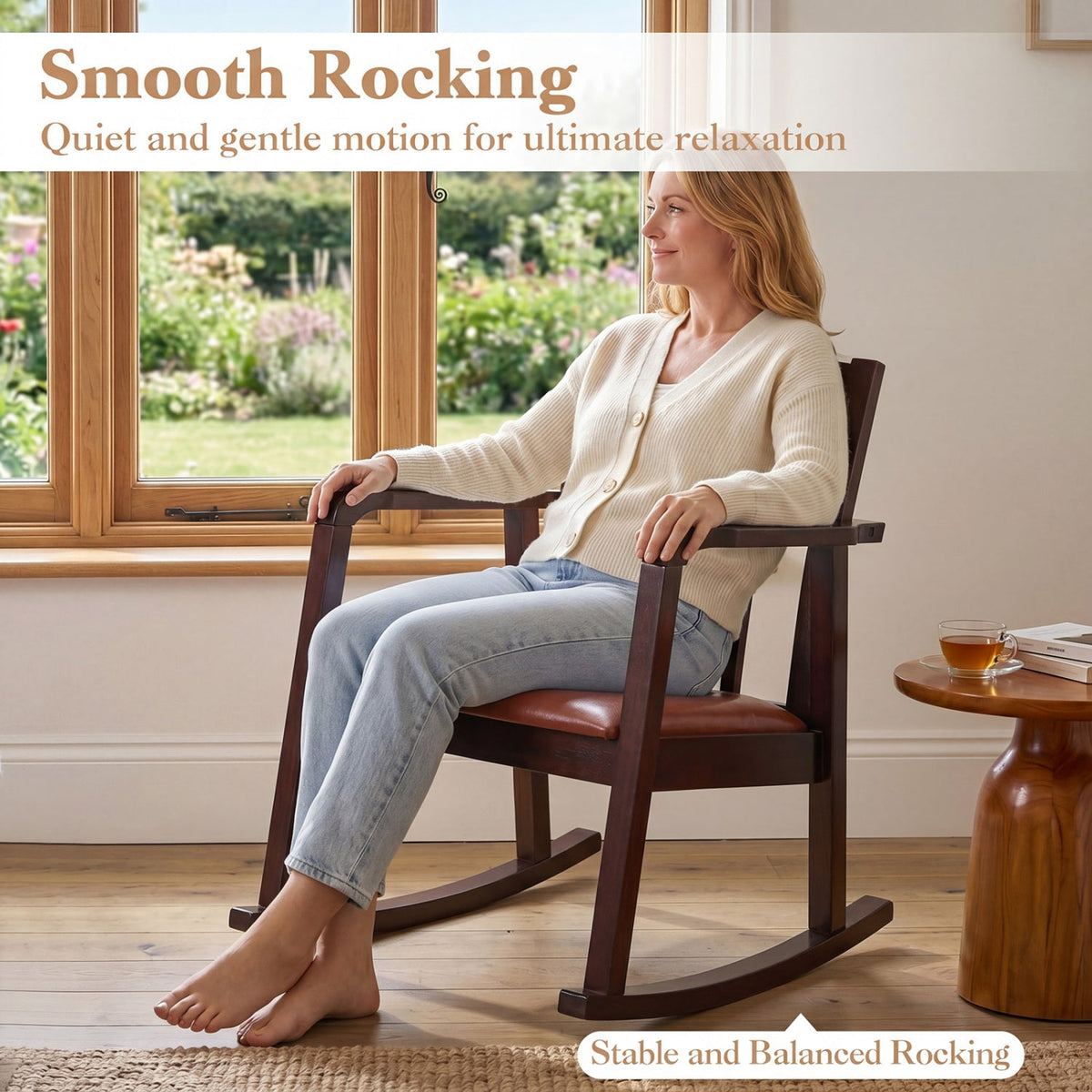 Wooden Rocking Chair with Upholstered Seat and Ladder Back 5