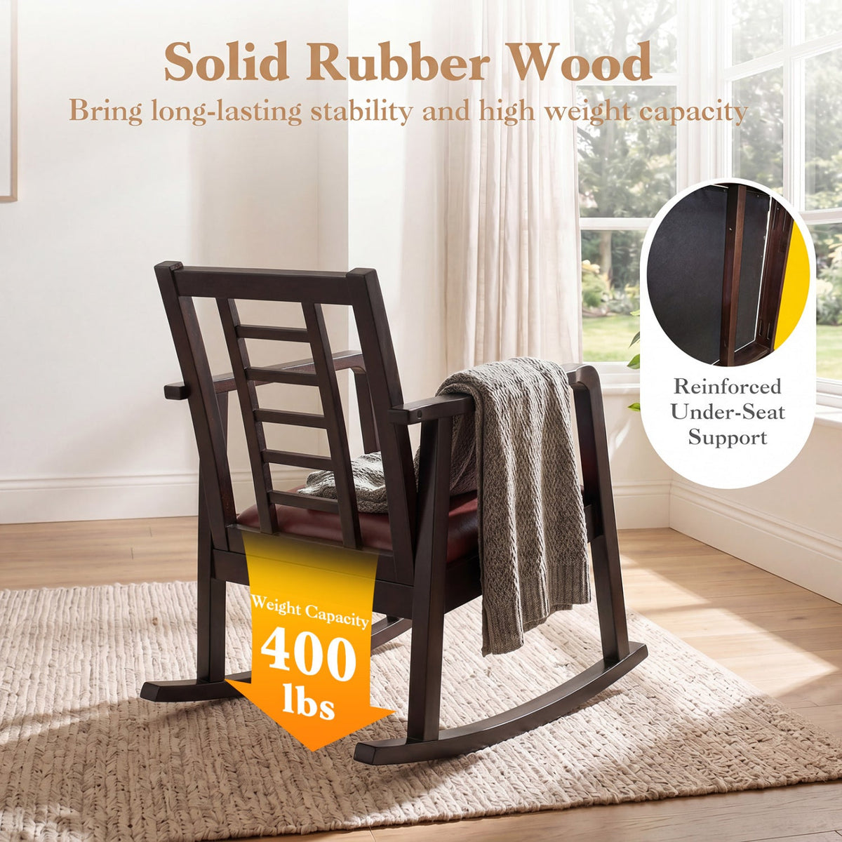 Wooden Rocking Chair with Upholstered Seat and Ladder Back 6