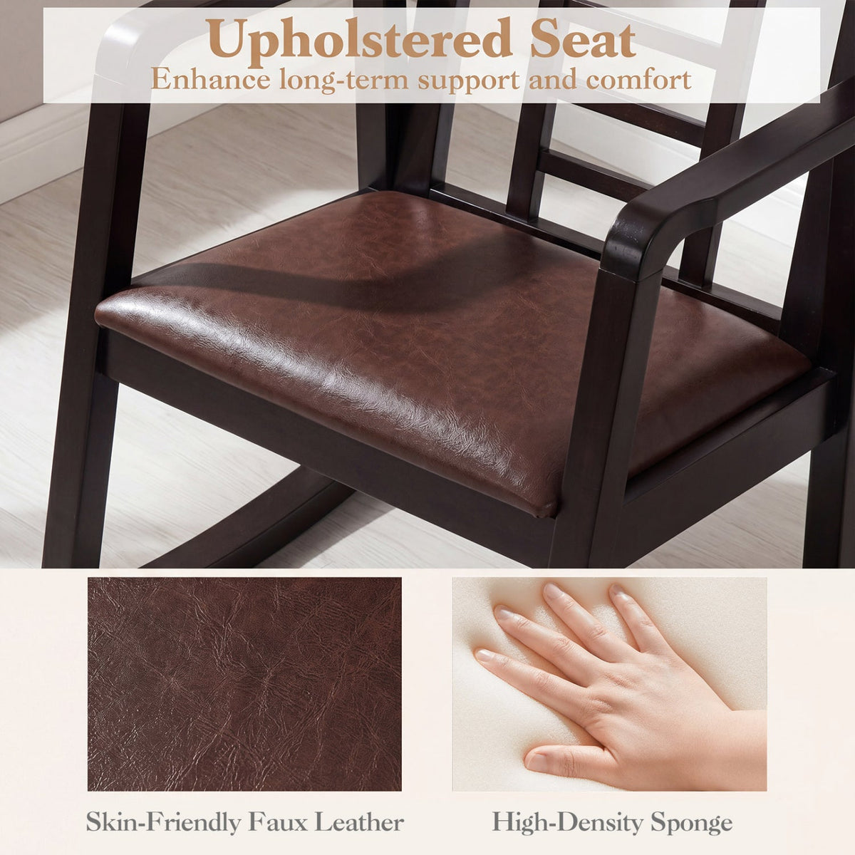 Wooden Rocking Chair with Upholstered Seat and Ladder Back 8