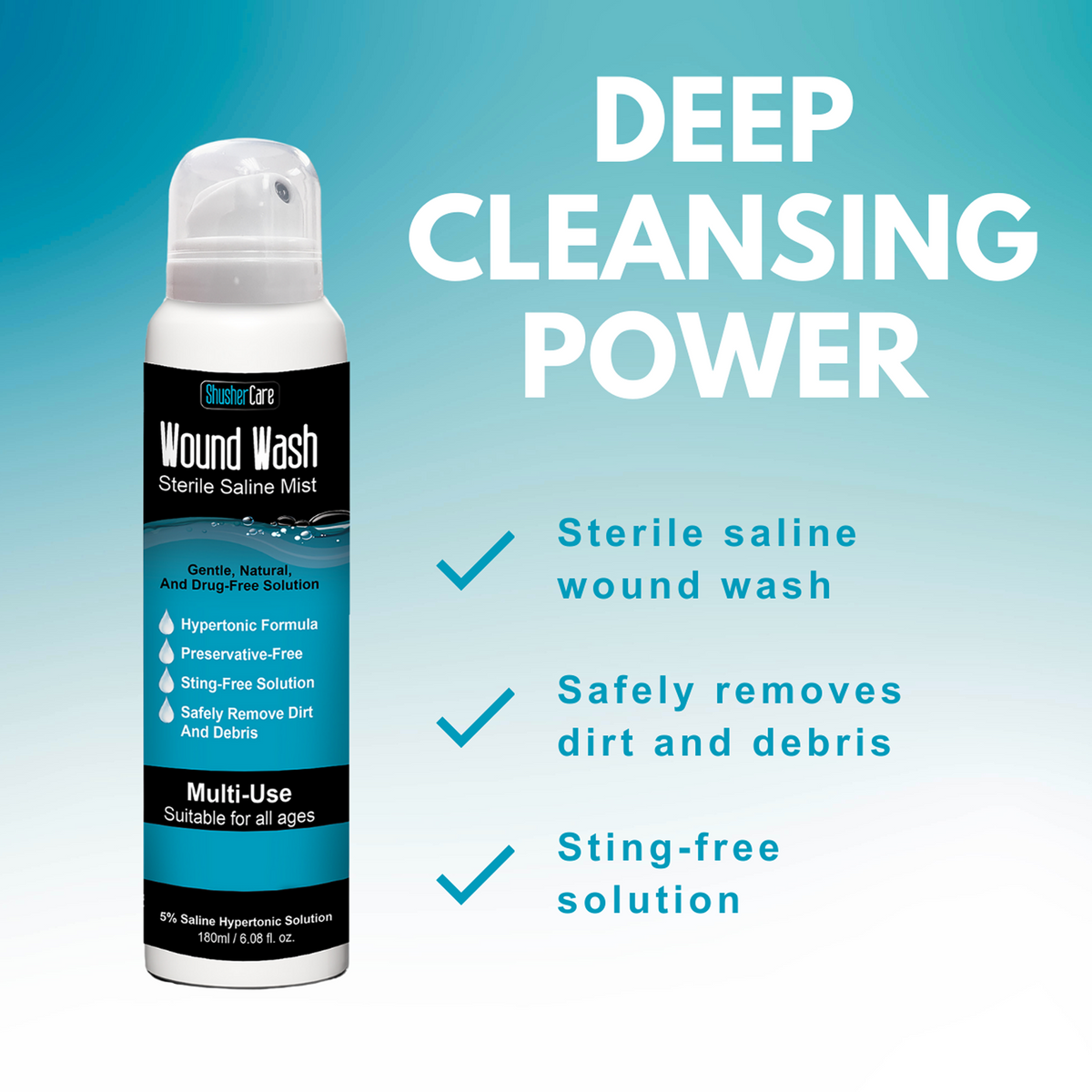 Shusher Care Wound Wash Spray – Sterile 5% Hypertonic Saline for Cuts, Scrapes & Wound Irrigation 3