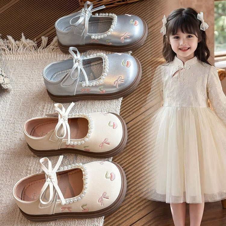 New Arrival Girls' Leather Shoes For Spring And Autumn, Kids' Flat Shoes With Pearls, Bows And Embroidery, Stylish Performance Shoes For Little Girls 1