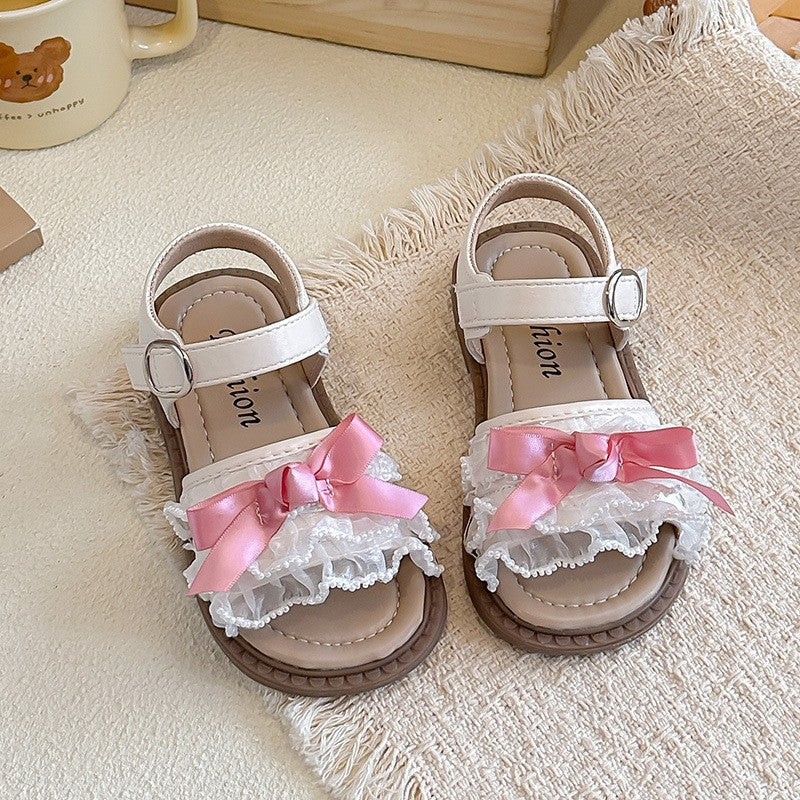 2026 Spring Summer Ins Kids Sandals, Korean Style Girls Flat Princess Shoes With Bow & Mesh Lace Trim 4
