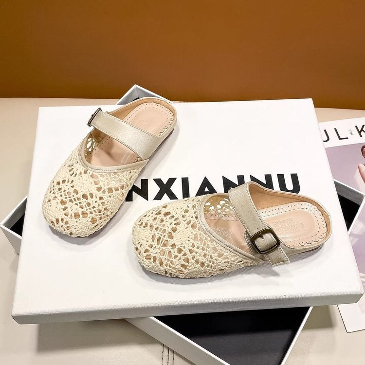 2026 New Summer Girls Hollow Round Toe Mule Slippers, Woven Closed Toe Retro Fashion Flat Slide Sandals, Casual Simple Outdoor Wear 1