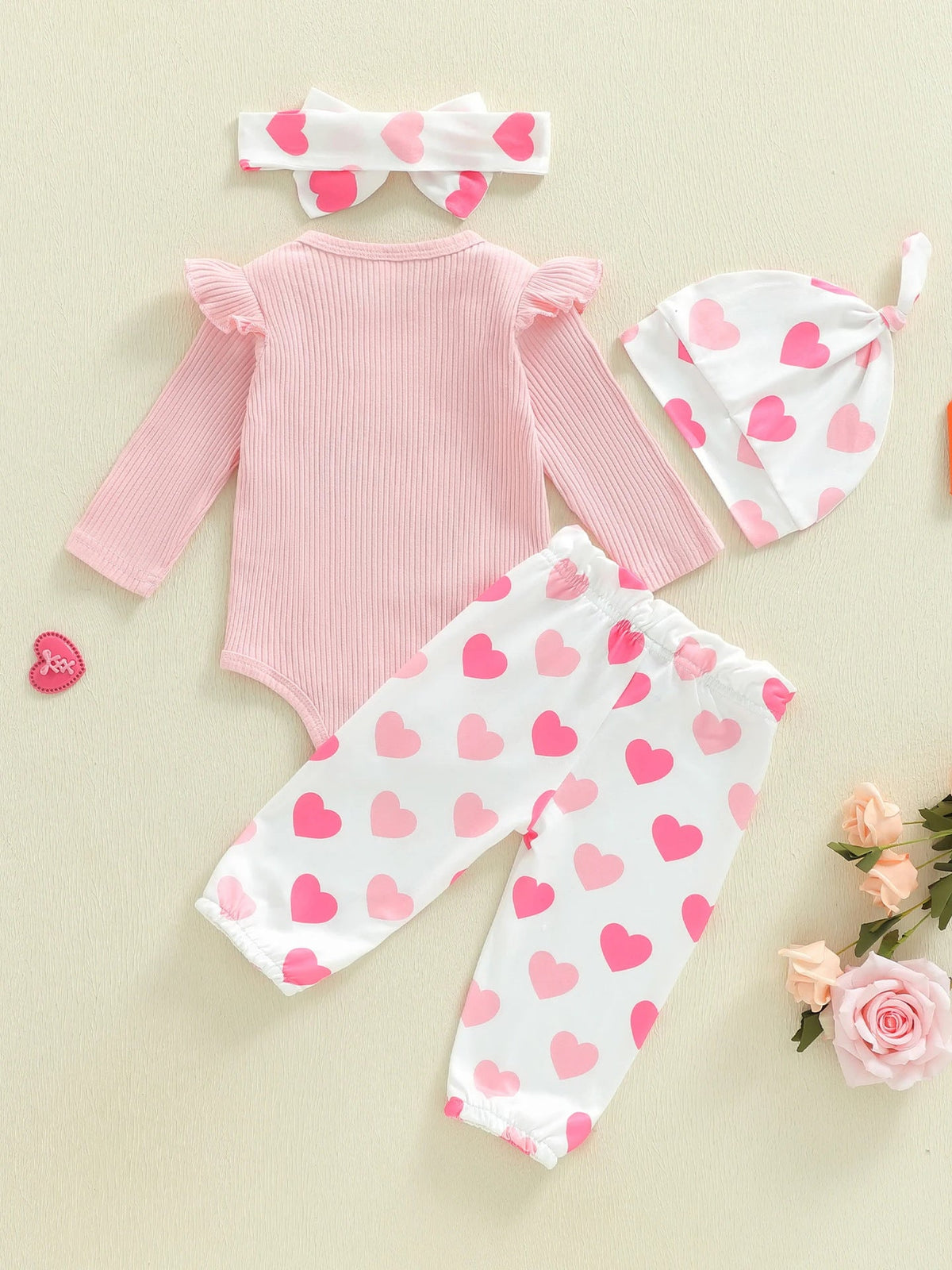 Long-sleeved Onesie With Long Pants Hat Hairband, Four-piece Set 4