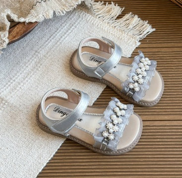 2025 Summer New Arrival Girls' Fashion Rhinestone Princess Shoes, Korean Style Kids' One-Strap Open-Toe Sandals, Cute Beach Shoes For Little Girls 5