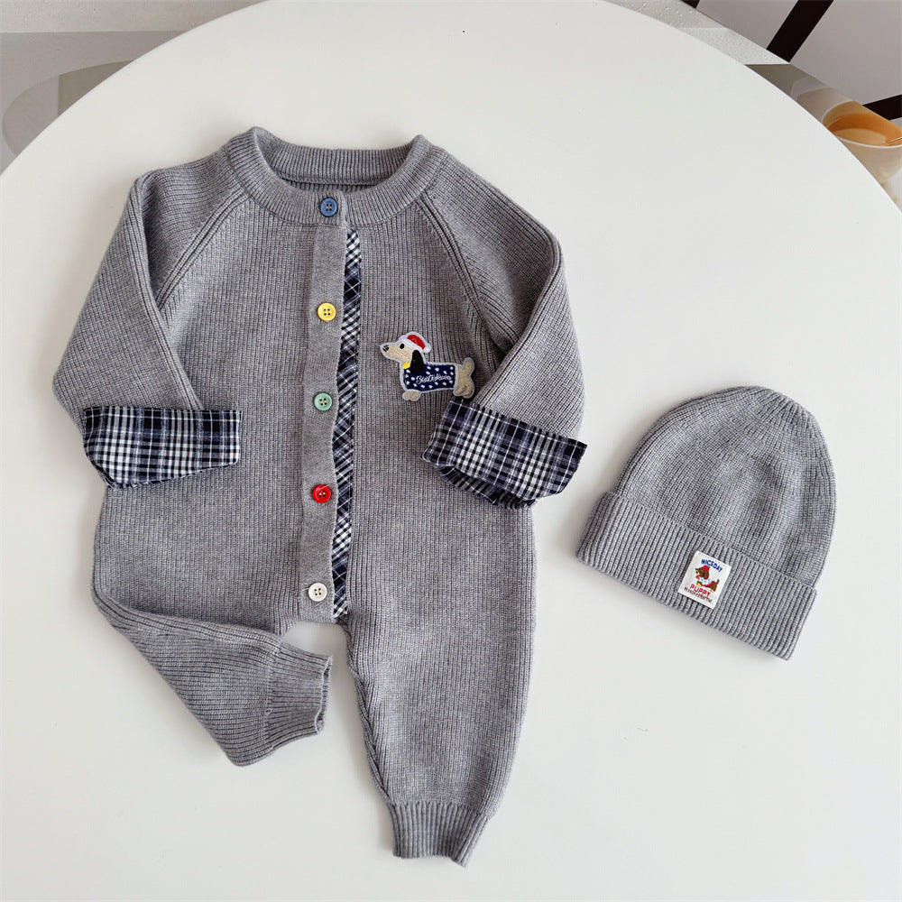 Trendy Knitted Wool Romper Two-piece Set Dachshund-themed Onesie 4