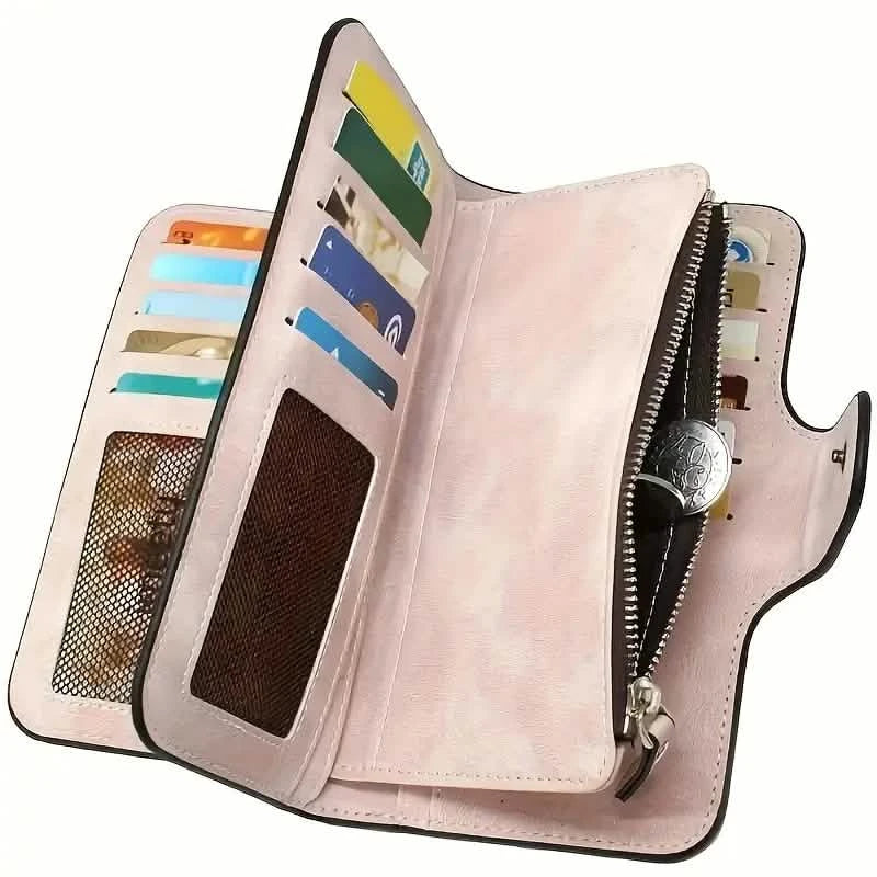 Vintage Faux Leather Long Wallet – Trifold Credit Card Holder with Snap & Zipper 12