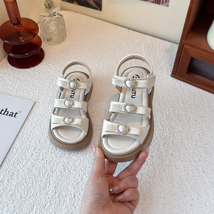 2025 Summer New Girls' Heart Rhinestone Sandals, Korean Style Princess Shoes With Bow, Kids Roman Sandals 3