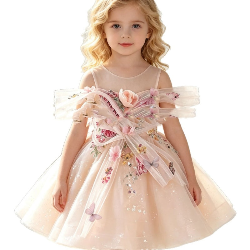 Three-dimensional Flower And Butterfly Tulle Ball Gown For Flower Girls 5