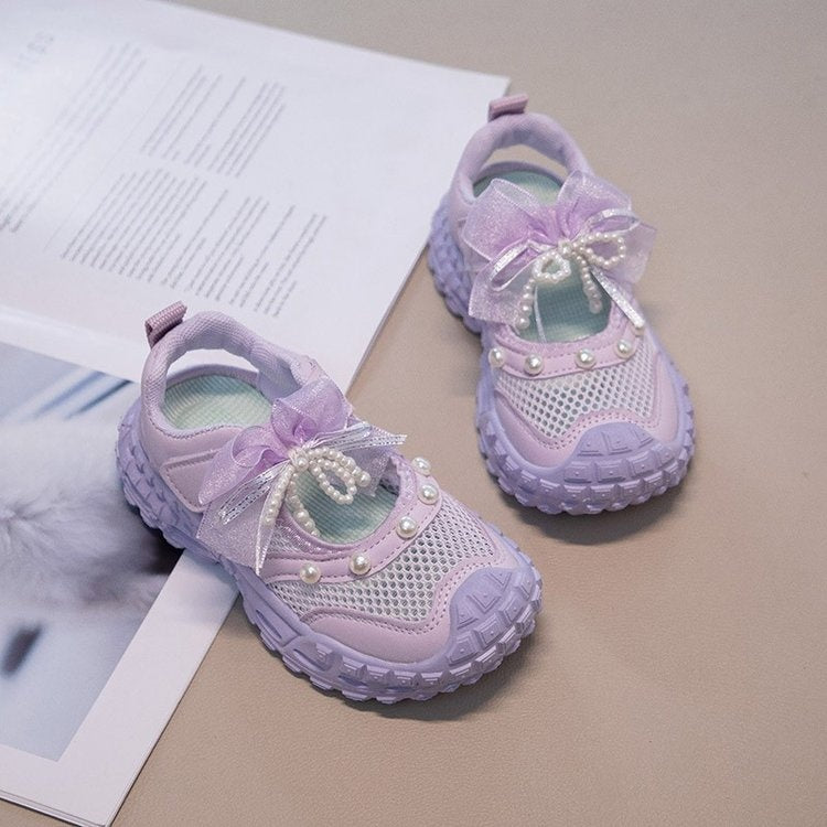 2026 New Summer Girls Hollow Single Mesh Sports Sandals, Fashion Versatile Dad Sneakers With Pearl Bow Decor Breathable Mesh Casual Shoes 2