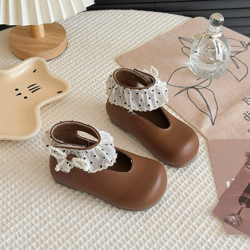 2026 Spring New Kids Princess Shoes, Lace Ruffle Pearl Decor Flats, Elegant Fashion Casual Single Shoes For Baby Girls 3