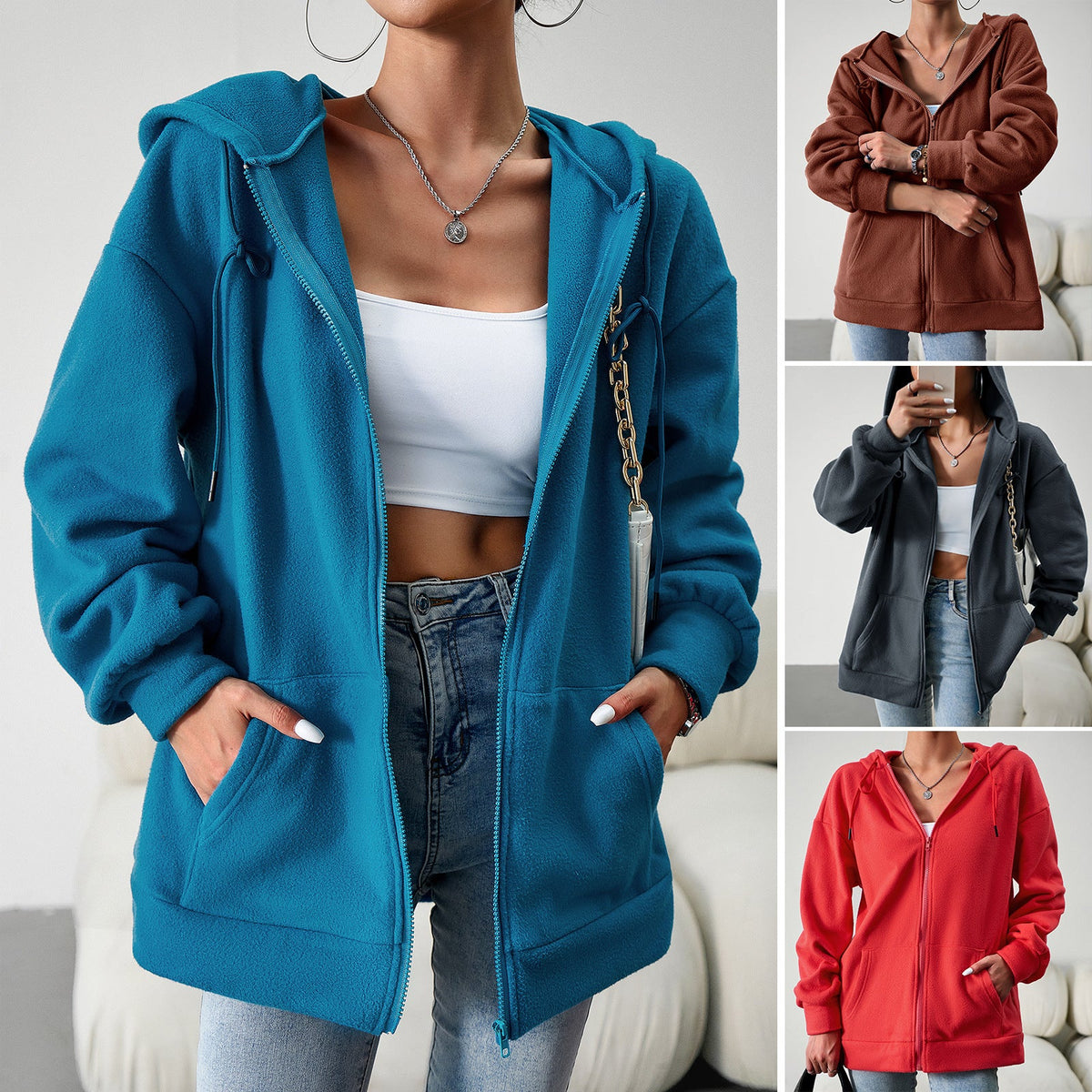 Casual Fashion Hooded Cardigan Jacket With Pockets Winter And Autumn Loose Sports Coat Women Solid Outwear Clothing 1