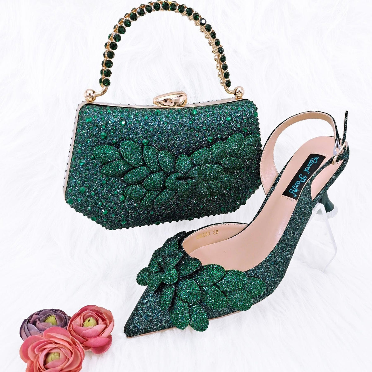 Cross-border Ladies Party Shoes Bag Set Handmade Leaf Decorative Wine Glass Heel 6