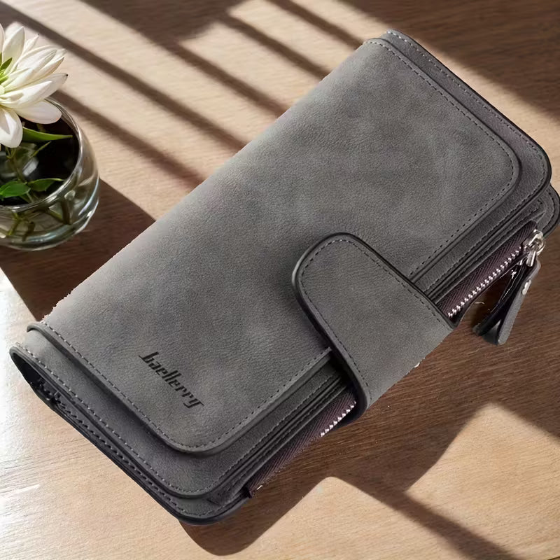 Vintage Faux Leather Long Wallet – Trifold Credit Card Holder with Snap & Zipper 1
