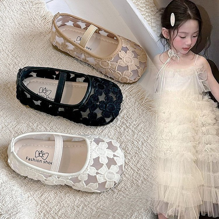 Girls' Flower Mesh Sandals Solid Color Transparent Mesh Princess Shoes 1