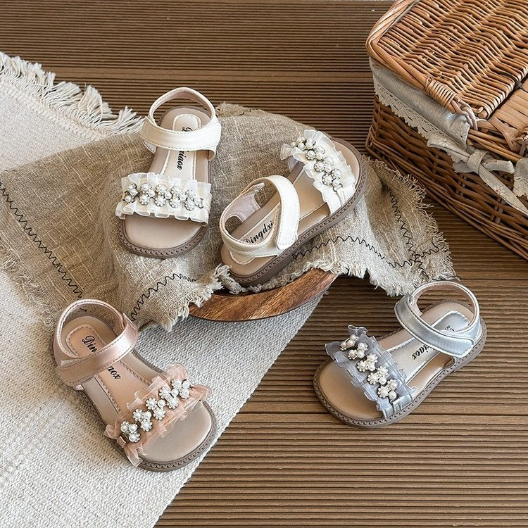2025 Summer New Arrival Girls' Fashion Rhinestone Princess Shoes, Korean Style Kids' One-Strap Open-Toe Sandals, Cute Beach Shoes For Little Girls 1