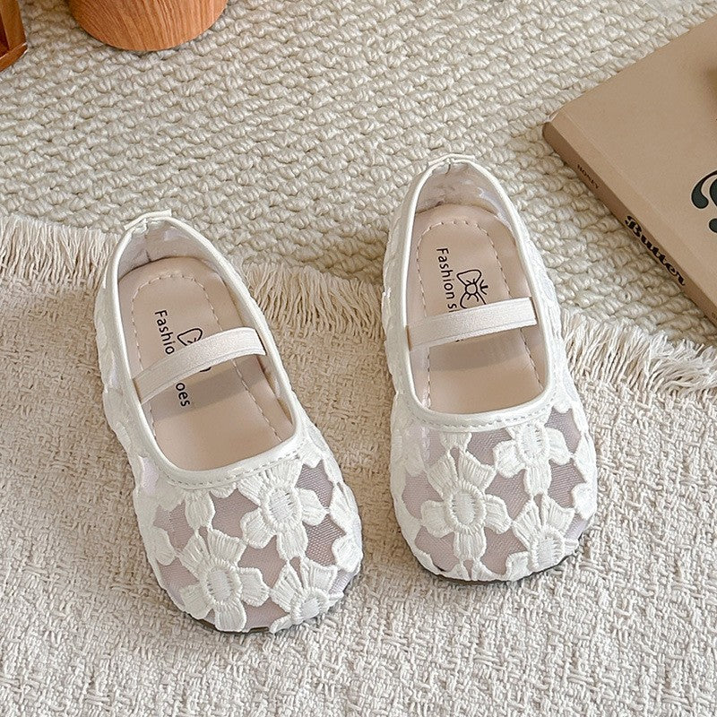Girls' Flower Mesh Sandals Solid Color Transparent Mesh Princess Shoes 5