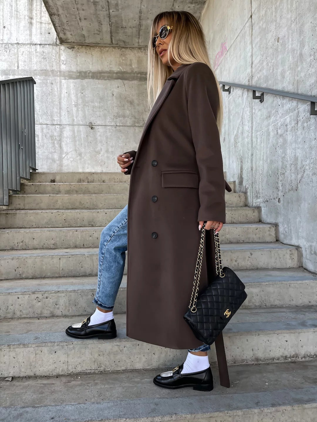 Double-breasted Lapel Split Jacket With Belt Winter Fashion Casual Long Sleeve Button Daily Coats For Women Clothing 3