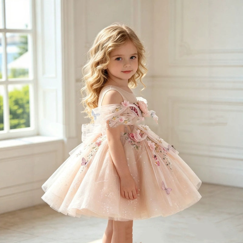 Three-dimensional Flower And Butterfly Tulle Ball Gown For Flower Girls 4