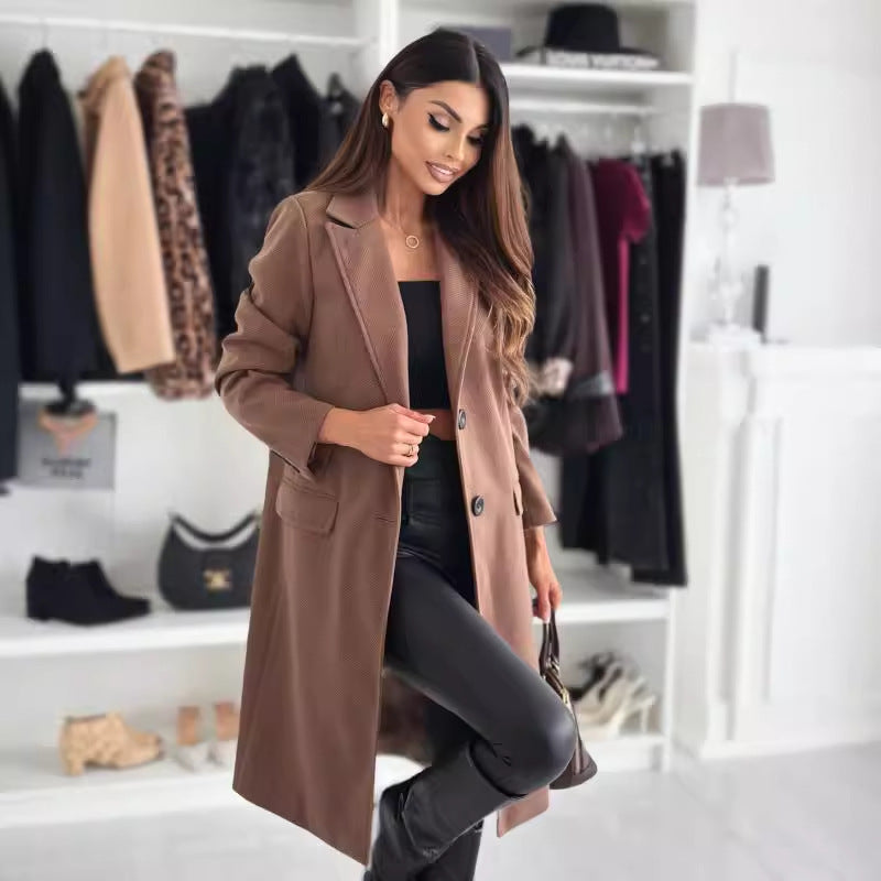 Lapel Single-breasted Wool Coat Winter Long Sleeve Solid Color Long Jacket Women Clothing 5