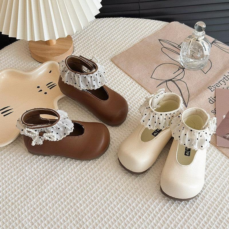 2026 Spring New Kids Princess Shoes, Lace Ruffle Pearl Decor Flats, Elegant Fashion Casual Single Shoes For Baby Girls 1