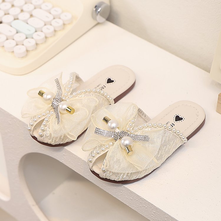 Girls' Children's Slippers Summer Style Fish Mouth Outdoor Half Drag Sandals Fashionable Middle-aged Children's Bow One Line Cool Drag 2