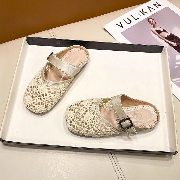 2026 New Summer Girls Hollow Round Toe Mule Slippers, Woven Closed Toe Retro Fashion Flat Slide Sandals, Casual Simple Outdoor Wear 3