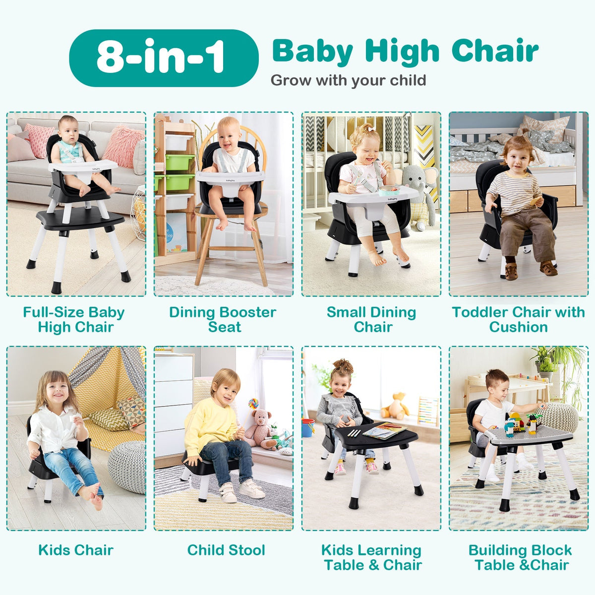 6-in-1 Convertible Baby High Chair with Adjustable Removable Tray 8