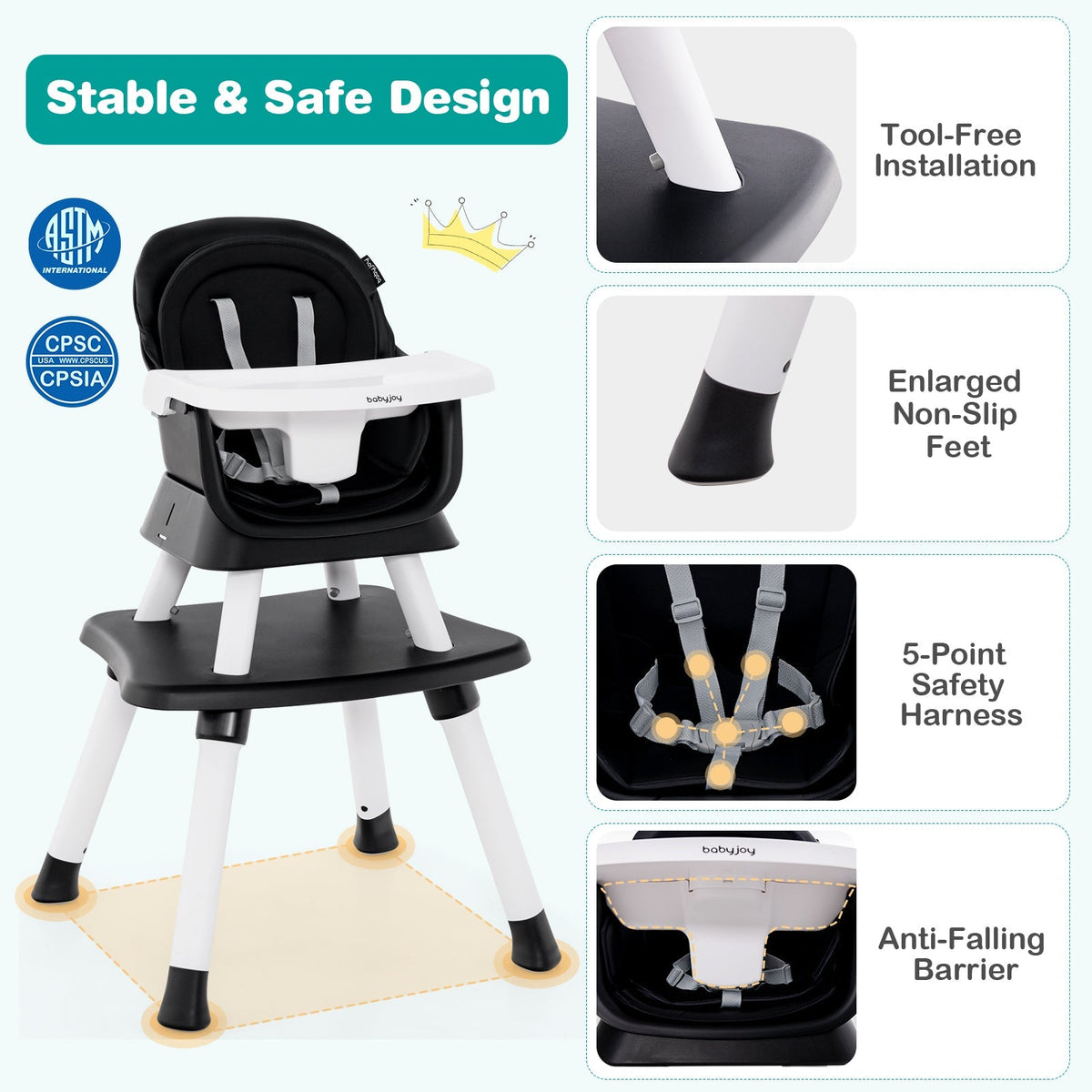 6-in-1 Convertible Baby High Chair with Adjustable Removable Tray 5