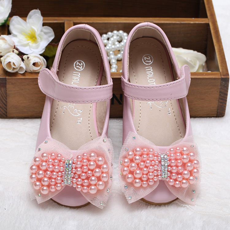 Princess Shoes Girls' Pearl Bow Leather Shoes Wedding Shoes 6
