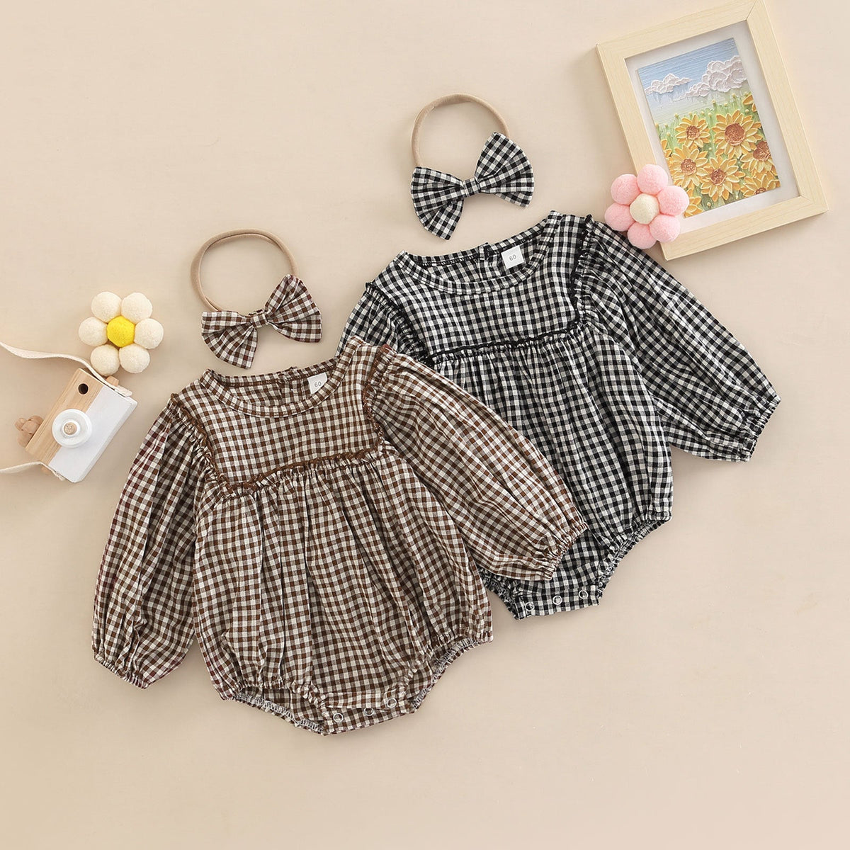Simple Plaid-Print Long-Sleeve Outfit For Infants And Toddlers 1