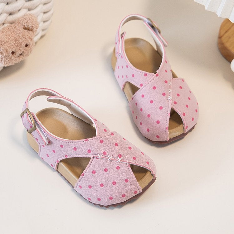 2026 Summer New Kids Polka Dot Birken Roman Sandals, Retro Fish Mouth Beach Shoes, Soft Sole Princess Shoes For Girls, Skirt Matching Flats 4