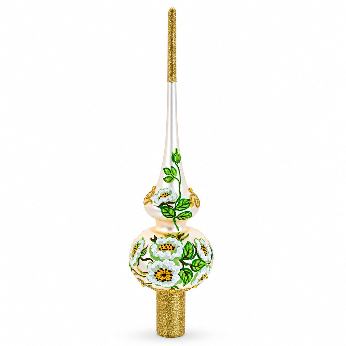 White Flowers Bouquet on Beige Glass Christmas Tree Topper 11 Inches 1